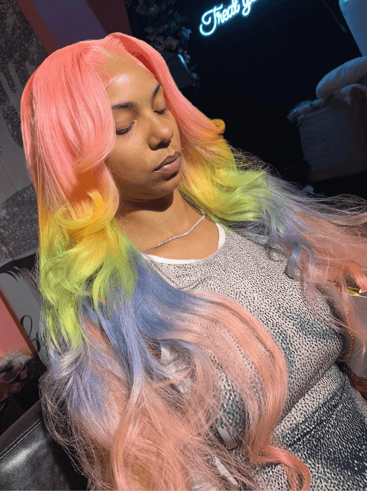 Dorsanee Ombre Pink Yellow Green Blue Color 13x4 HD Lace Front Human Hair Wigs