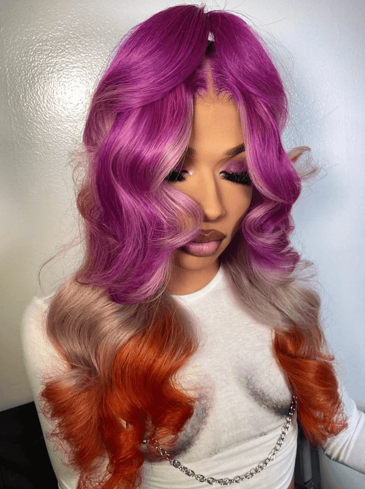 Dorsanee Ombre Purple Gray Ginger Orange Body Wave Lace Front Human Hair Wigs