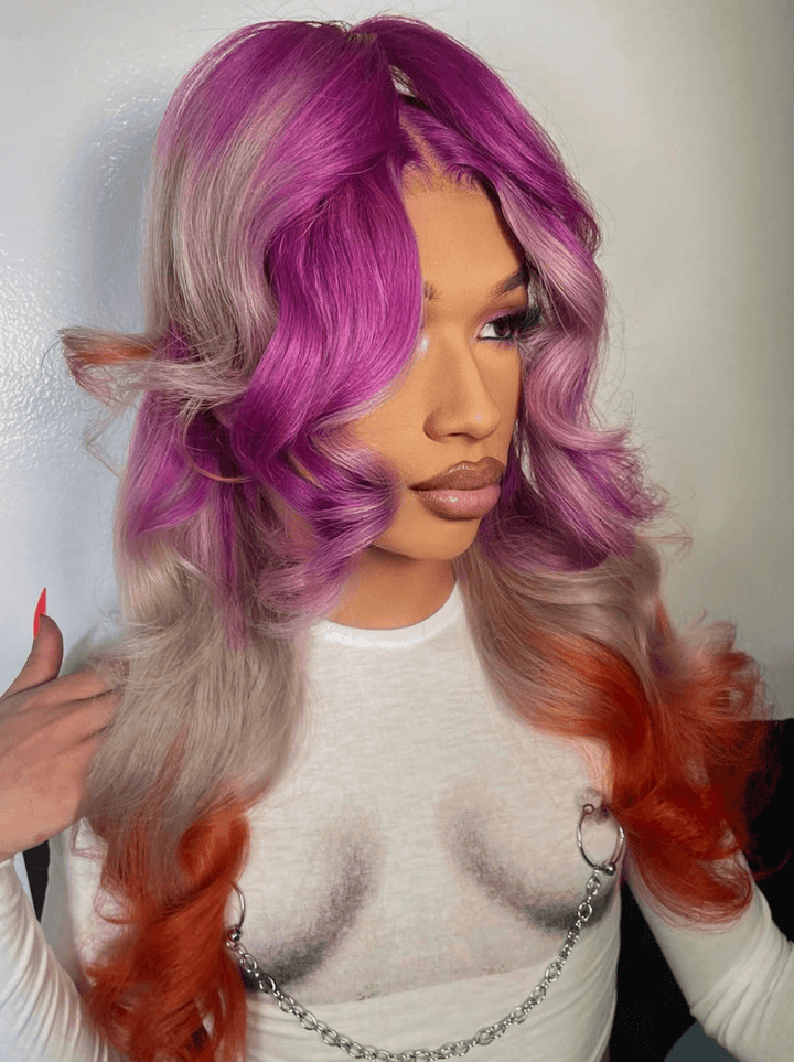 Dorsanee Ombre Purple Gray Ginger Orange Body Wave Lace Front Human Hair Wigs