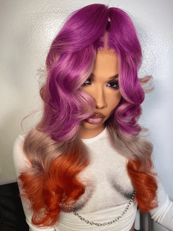 Dorsanee Ombre Purple Gray Ginger Orange Body Wave Lace Front Human Hair Wigs