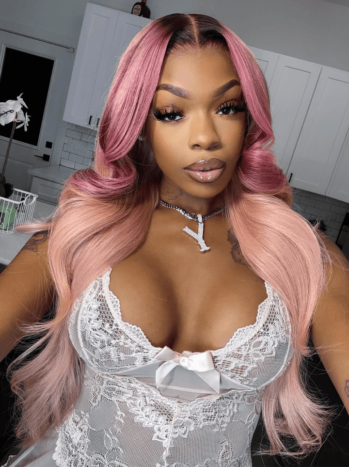 Dorsanee Ombre Purple Peach Pink Dark Roots Color Lace Front Human Hair Wigs