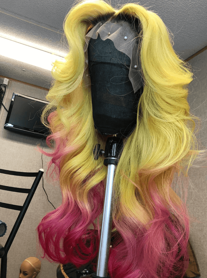 Dorsanee Ombre Yellow Pink Red Dark Roots 13x4 Lace Front Virgin Human Hair Wig