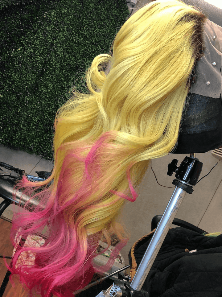 Dorsanee Ombre Yellow Pink Red Dark Roots 13x4 Lace Front Virgin Human Hair Wig