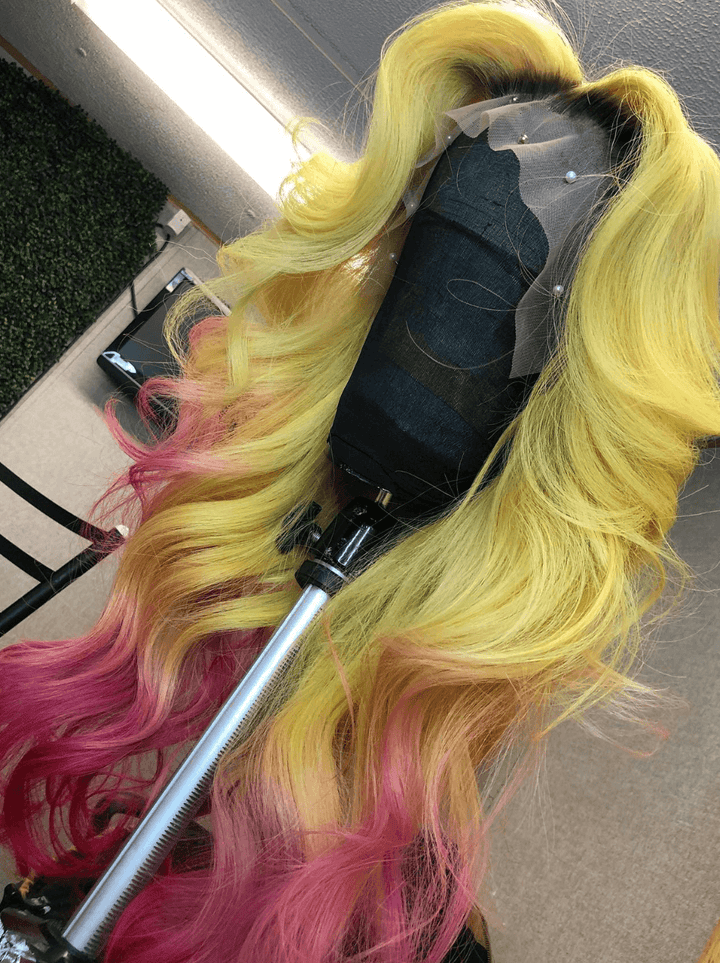 Dorsanee Ombre Yellow Pink Red Dark Roots 13x4 Lace Front Virgin Human Hair Wig
