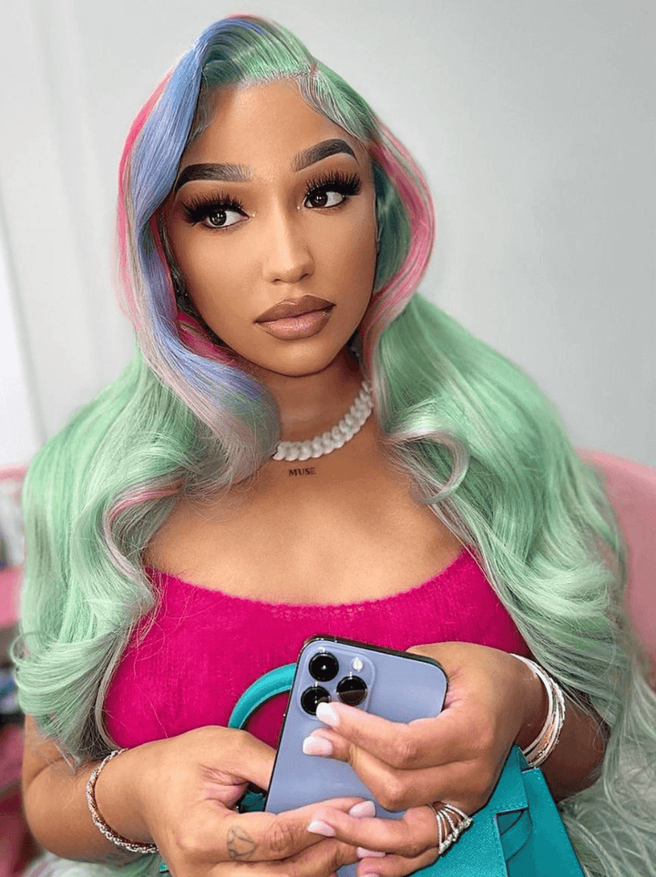 Dorsanee Pastel Green With Pink Blue Skunk Stripe HD Lace Front Human Hair Wigs