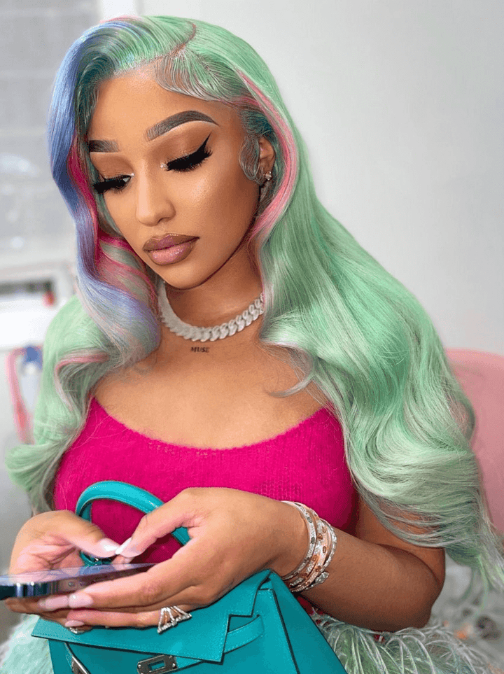 Dorsanee Pastel Green With Pink Blue Skunk Stripe HD Lace Front Human Hair Wigs