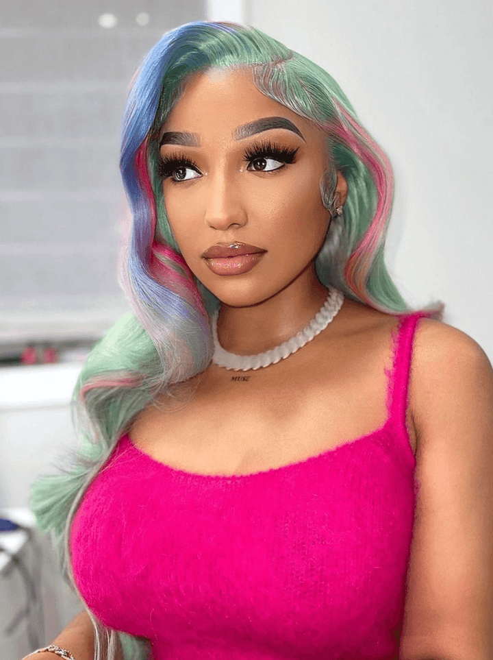 Dorsanee Pastel Green With Pink Blue Skunk Stripe HD Lace Front Human Hair Wigs