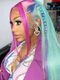 Dorsanee Pastel Green With Purple Blue Pink Streak Virgin Remy Human Hair Wigs