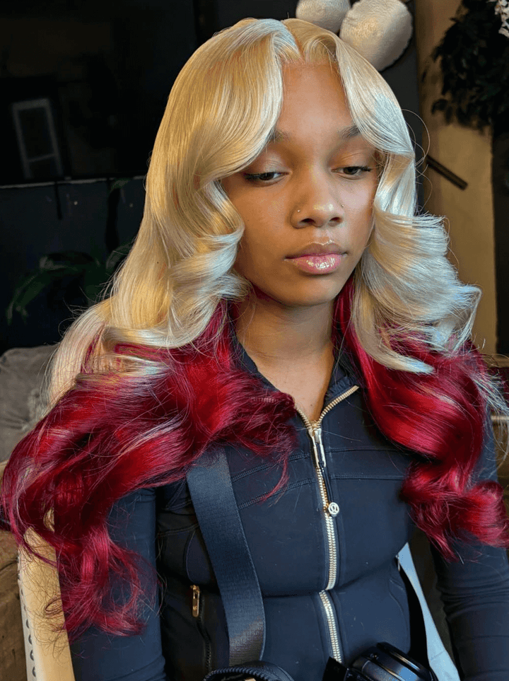 Dorsanee Peekaboo 613 Blonde Burgundy Red Body Wave Lace Front Human Hair Wigs