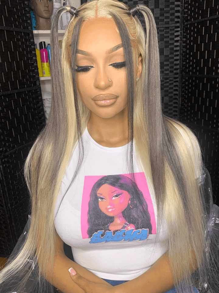 Dorsanee Peekaboo Gray Blonde Color Bone Straight HD Lace Front Human Hair Wigs