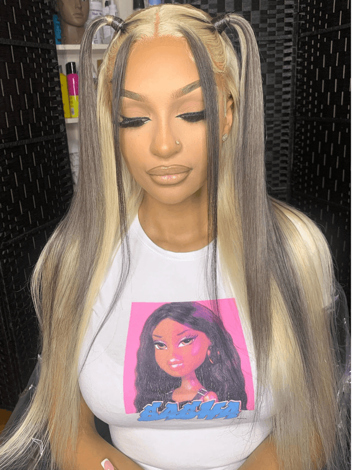 Dorsanee Peekaboo Gray Blonde Color Bone Straight HD Lace Front Human Hair Wigs
