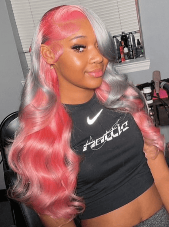 Dorsanee Peekaboo Gray Pink Two Tones Color 13x4 HD Lace Front Human Hair Wigs