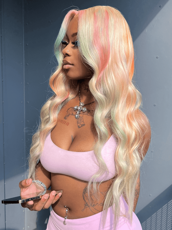Dorsanee Rainbow Blonde Pink Green Ginger Multi Color Lace Front Human Hair Wig