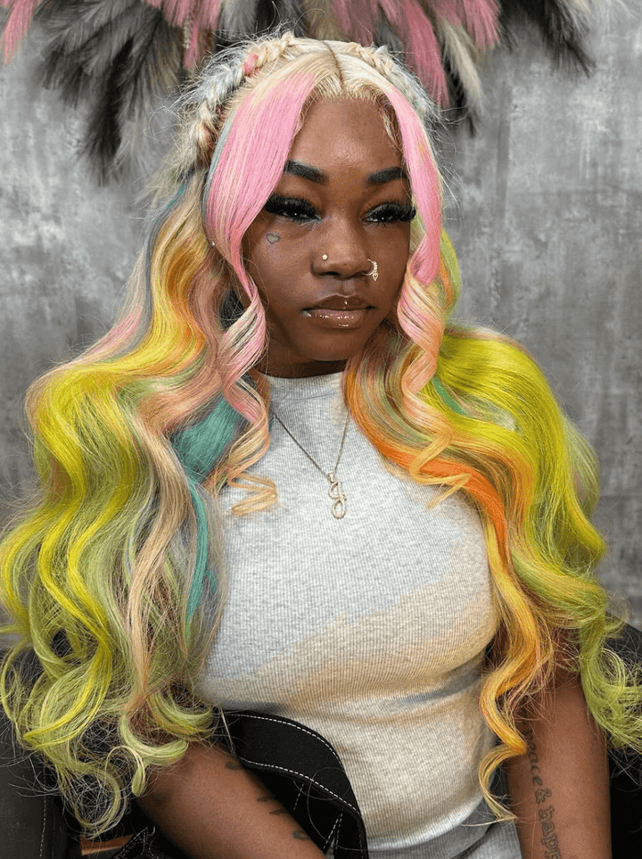 Dorsanee Rainbow Multi Color Pink Yellow Green Blonde Blue Human Hair Wigs