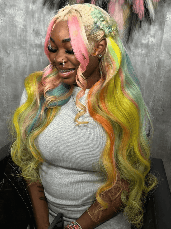 Dorsanee Rainbow Multi Color Pink Yellow Green Blonde Blue Human Hair Wigs