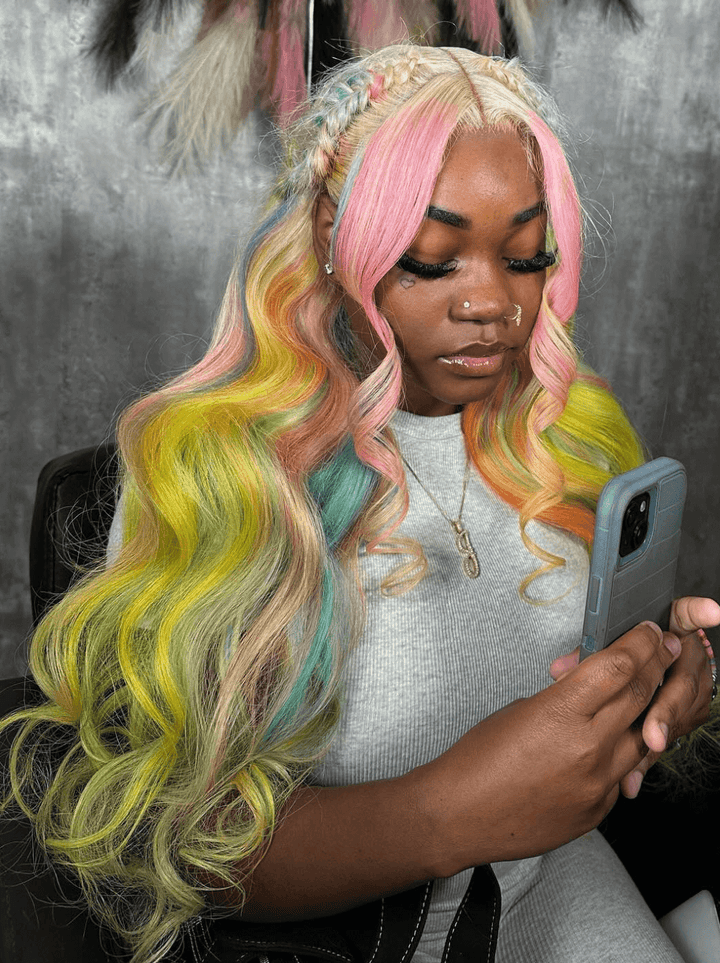 Dorsanee Rainbow Multi Color Pink Yellow Green Blonde Blue Human Hair Wigs