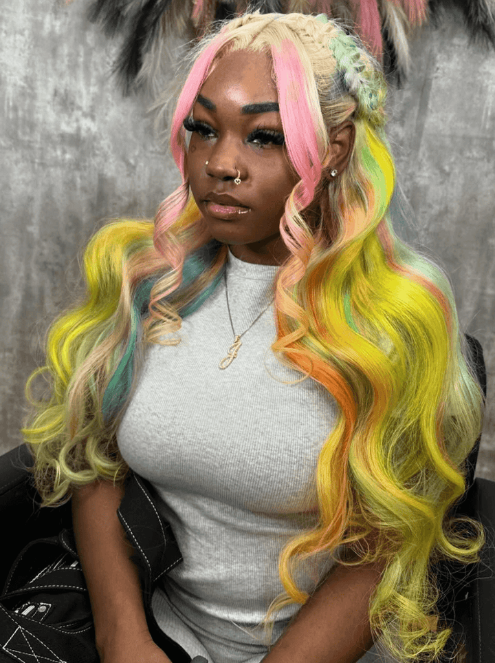 Dorsanee Rainbow Multi Color Pink Yellow Green Blonde Blue Human Hair Wigs