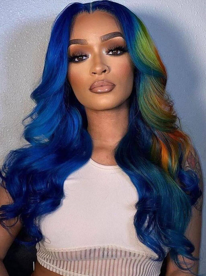 Dorsanee Split Dye Blue Ombre Yellow Copper Red 13x4 Lace Front Human Hair Wigs