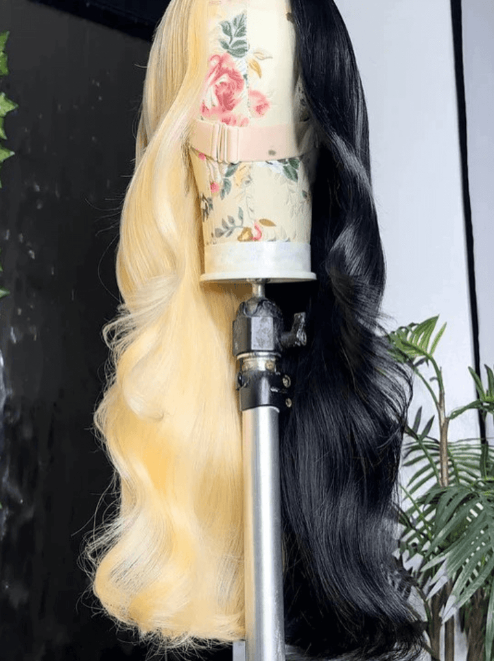 Dorsanee Split Dye Half Blonde Half Black Color 200 Density Lace Front Hair Wig