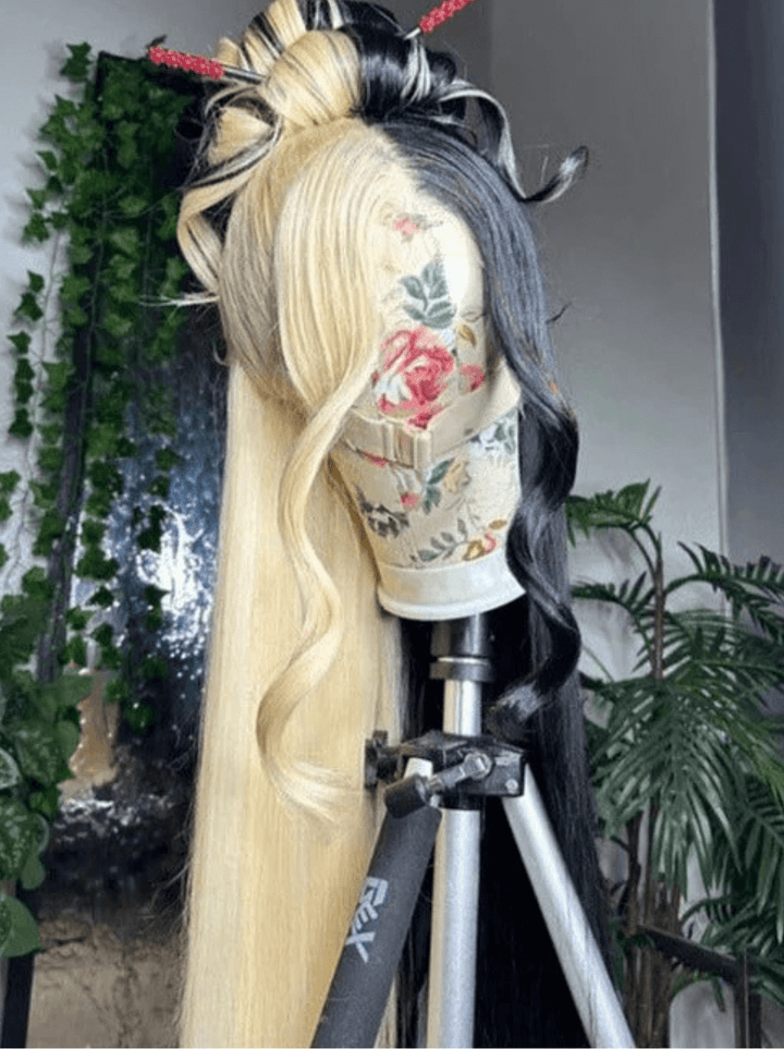 Dorsanee Split Dye Half Blonde Half Black Color 200 Density Lace Front Hair Wig