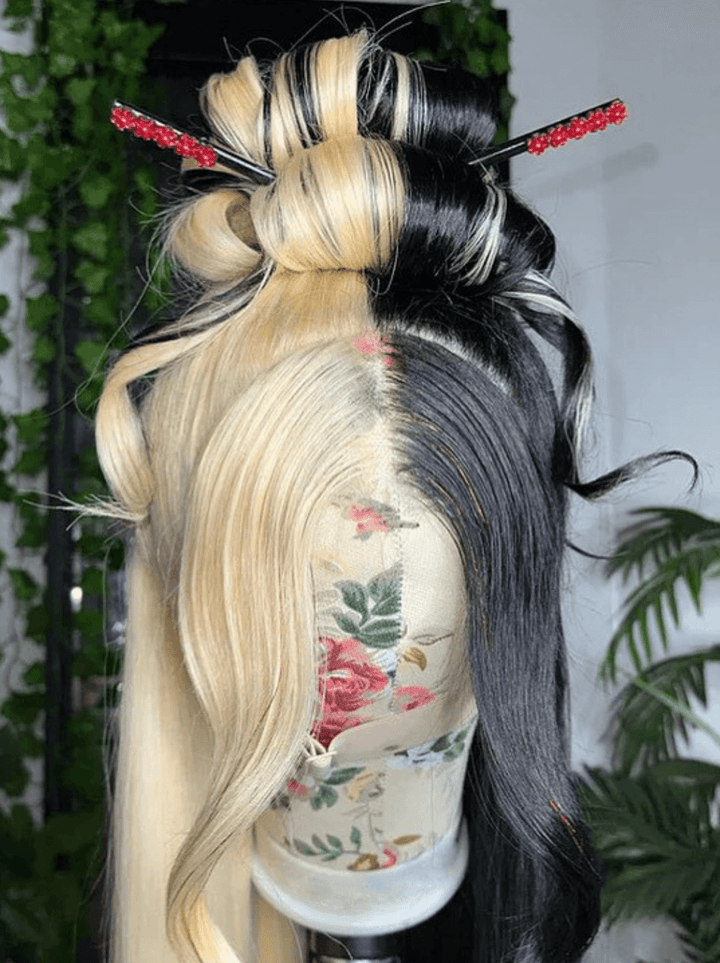 Dorsanee Split Dye Half Blonde Half Black Color 200 Density Lace Front Hair Wig
