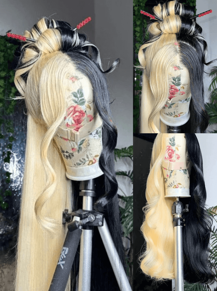 Dorsanee Split Dye Half Blonde Half Black Color 200 Density Lace Front Hair Wig