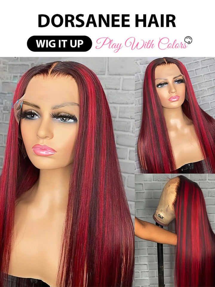 Dorsanee 1b/99J Burgundy Red Highlight 13×4 HD Lace Front Straight Human Hair Wigs Colored Hair For Women