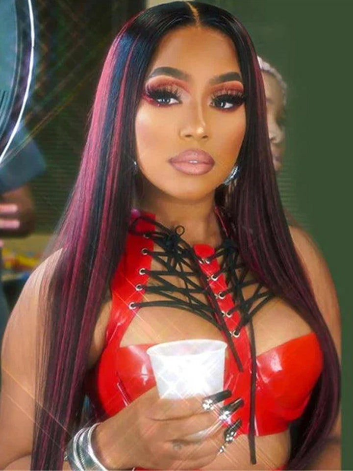 Dorsanee 1b/99J Burgundy Red Highlight 13×4 HD Lace Front Straight Human Hair Wigs For Women