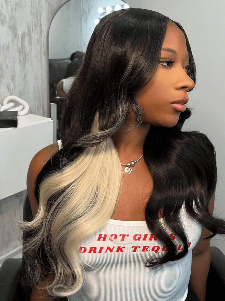 Dorsanee 200 Density Black With Blonde Streaks 13x4 Lace Front Virgin Human Hair Wigs