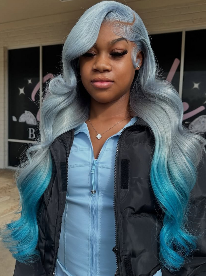 Dorsanee 200 Density Ombre Grey Blue Body Wave 13x4 Lace Front Human Hair Wigs