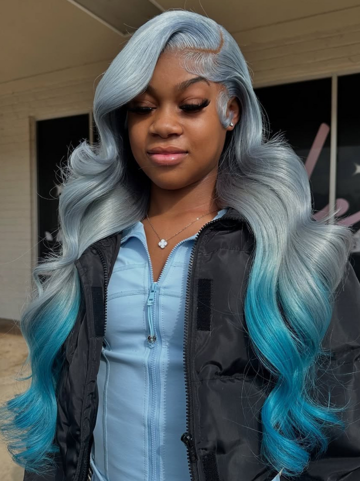 Dorsanee 200 Density Ombre Grey Blue Body Wave 13x4 Lace Front Human Hair Wigs