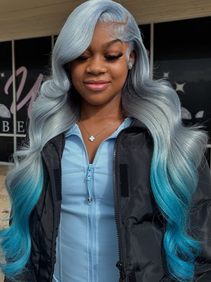 Dorsanee 200 Density Ombre Grey Blue Body Wave 13x4 Lace Front Human Hair Wigs
