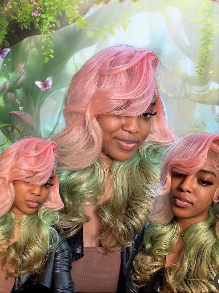 Dorsanee 200 Density Ombre Pink Green Gray Color 13x4 Lace Front Human Hair Wigs