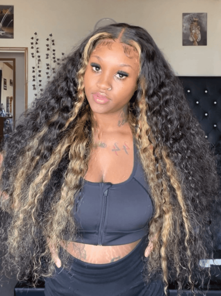 Dorsanee 300 Density Black With Brown Skunk Stripe Highlights 13x4 Lace Front Human Hair Wigs