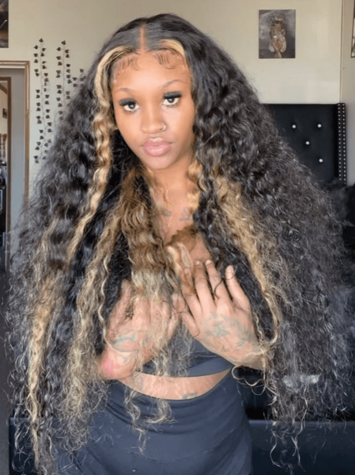 Dorsanee 300 Density Black With Brown Skunk Stripe Highlights 13x4 Lace Front Human Hair Wigs