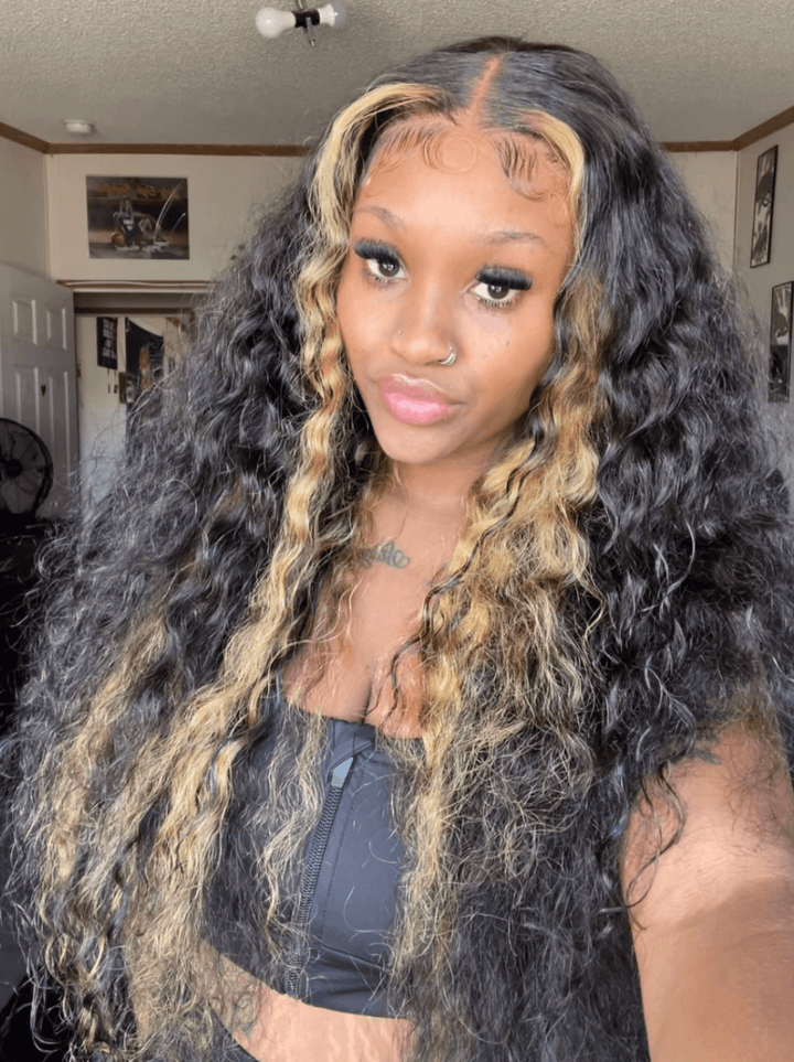Dorsanee 300 Density Black With Brown Skunk Stripe Highlights 13x4 Lace Front Human Hair Wigs
