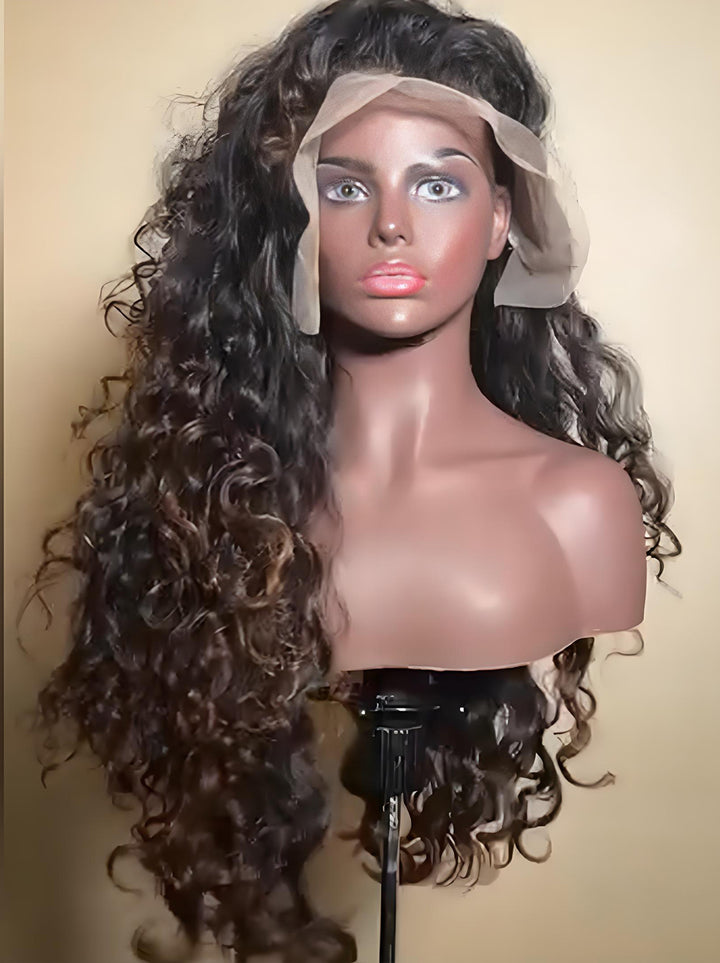 Dorsanee 300 Density Black With Brown Streaks Wand Deep Curls 13x4 Lace Front Human Hair Wigs