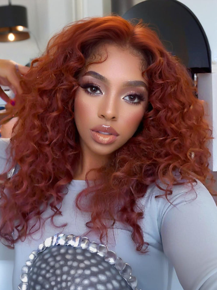 Dorsanee 300 Density Copper Red Bouncy Loose Curls 13x4 Lace Front Human Hair Wigs