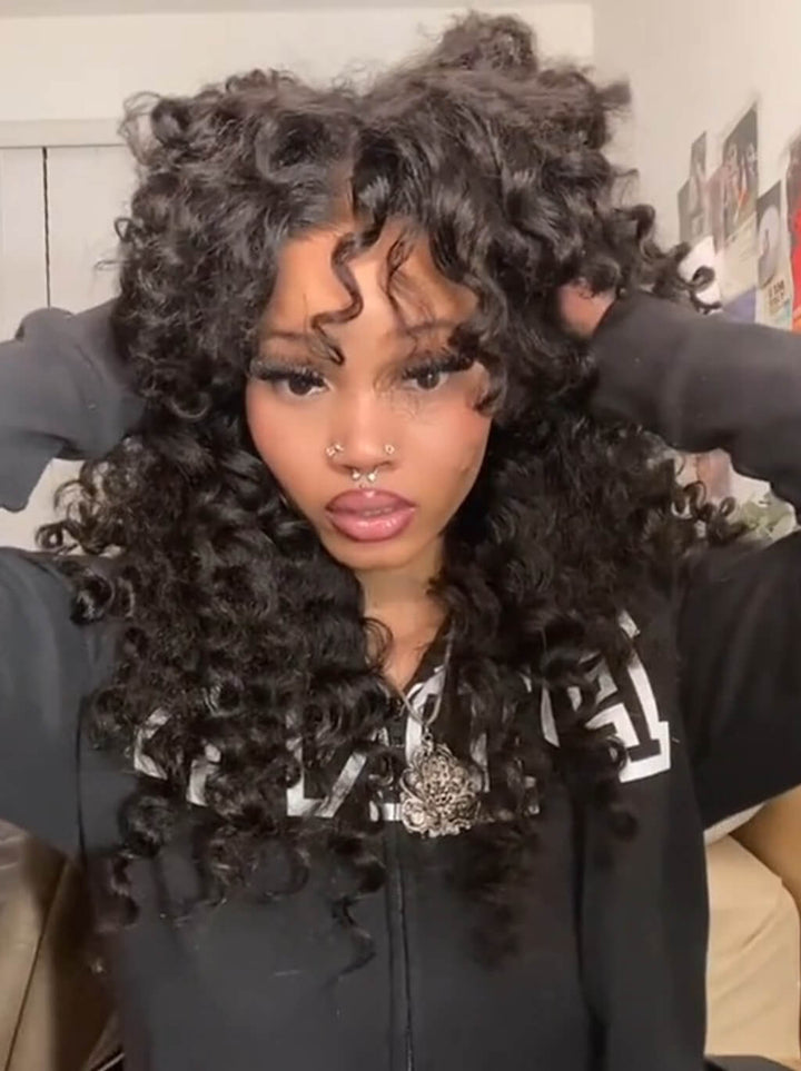 Dorsanee 300 Density Crimped Deep Wave Curls Curtainn Bangs Virgin Human Hair Wigs