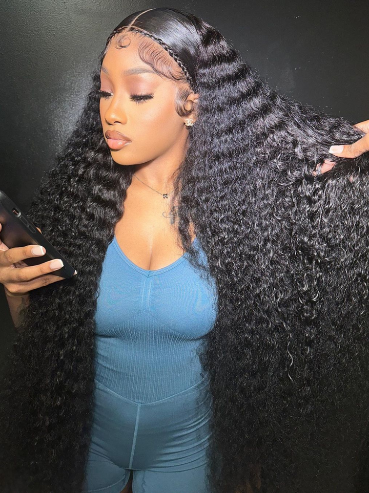 Dorsanee 42 40 38 36 34 32 30 inch Buss Down Knee Length 13x4 Lace Front Human Hair Wig Straight Body Water Wave Wigs