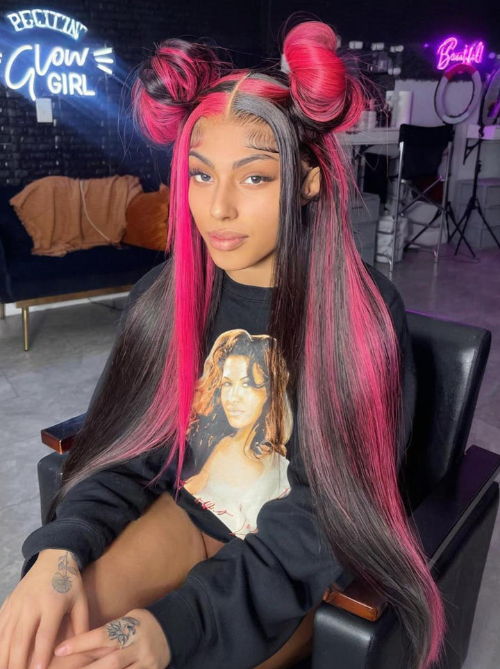 Dorsanee Black With Red Highlight Streaks 13x4 Lace Front Human Hair Wigs