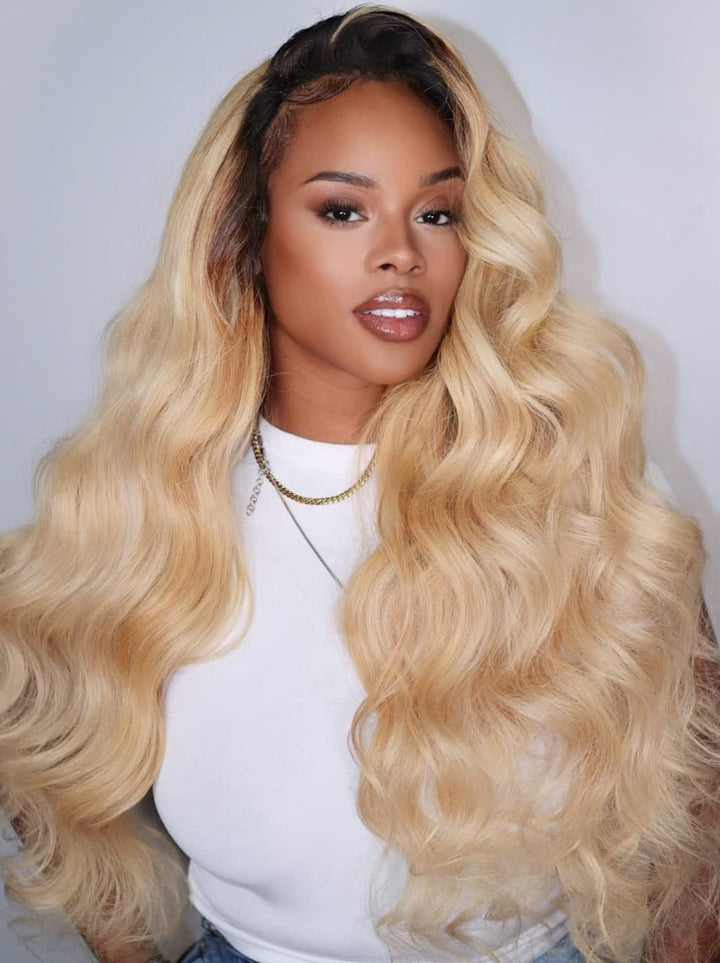 Dorsanee 613 Blonde With Dark Roots Body Wave 13x4 Lace Front Human Hair Wig