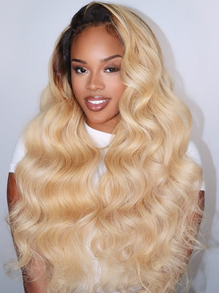 Dorsanee 613 Blonde With Dark Roots Body Wave 13x4 Lace Front Human Hair Wig