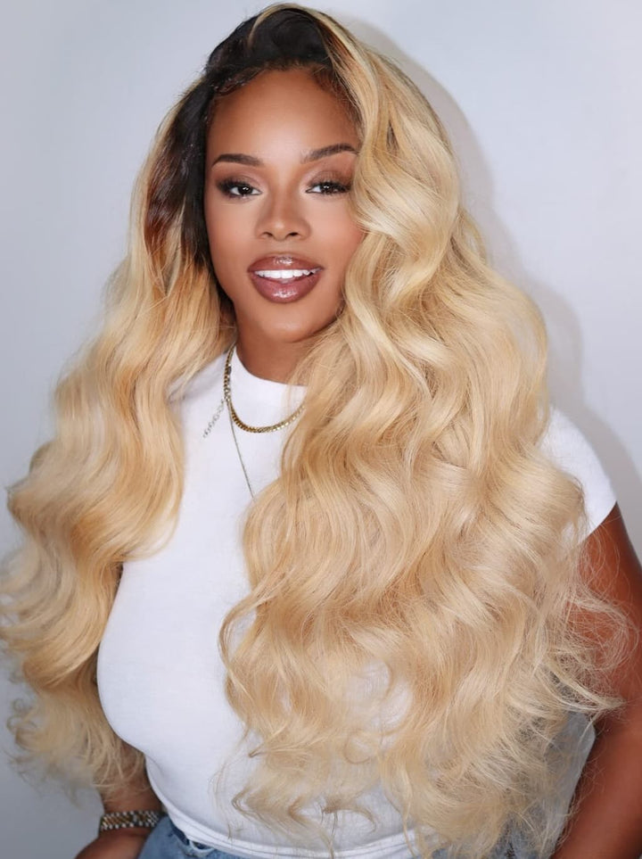 Dorsanee 613 Blonde With Dark Roots Body Wave 13x4 Lace Front Human Hair Wig
