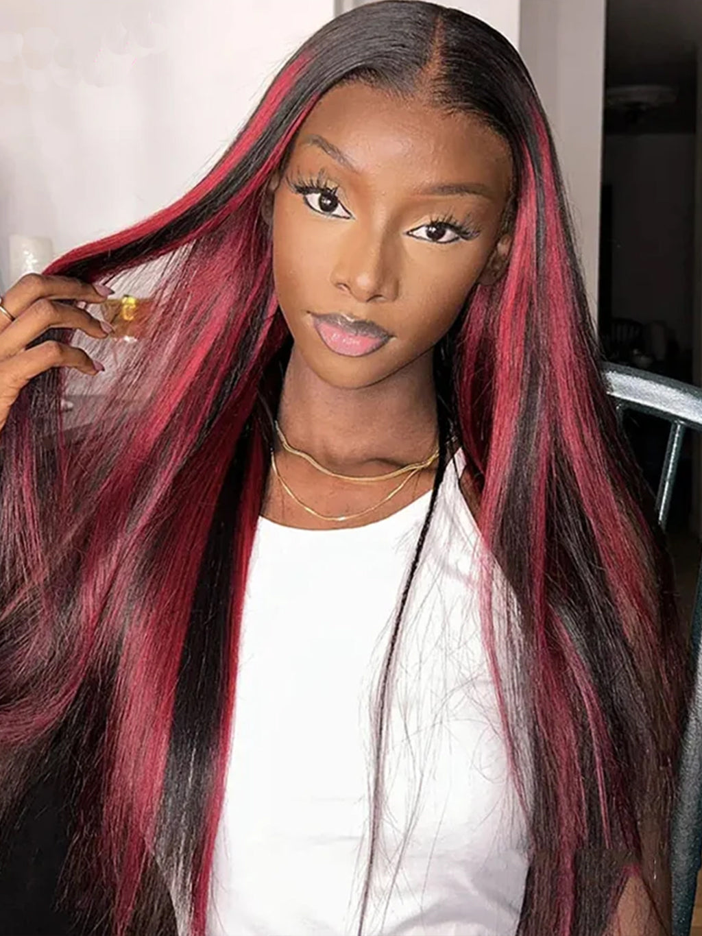 Dorsanee 99J Burgundy Red Highlight 13×4 HD Lace Front Straight Human Hair Wigs