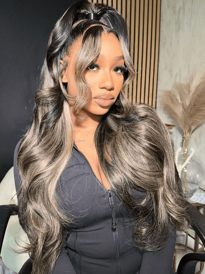 Dorsanee Balayage Black Brown Highlight Streaks Body Wave Lace Front Hair Wigs