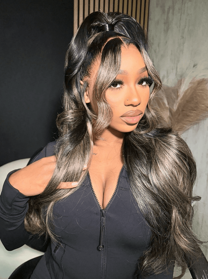 Dorsanee Balayage Black Brown Highlight Streaks Body Wave Lace Front Hair Wigs