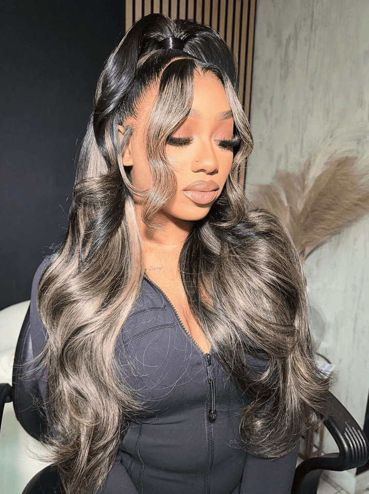 Dorsanee Balayage Black Brown Highlight Streaks Body Wave Lace Front Hair Wigs
