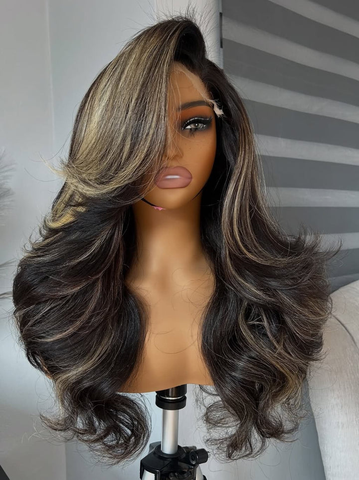 Dorsanee Balayage Black Brown Highlights 13x4 Lace Front Virgin Human Hair Wigs