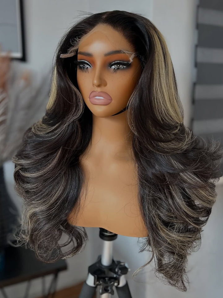 Dorsanee Balayage Black Brown Highlights 13x4 Lace Front Virgin Human Hair Wigs